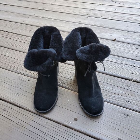 Ugg Australia Jerene Black Suede Leather Shearling Block Heel Ankle Boots Bootie - Picture 5 of 9